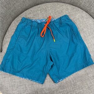 Robert Graham Teal Swim Trunks with Orange Drawstring